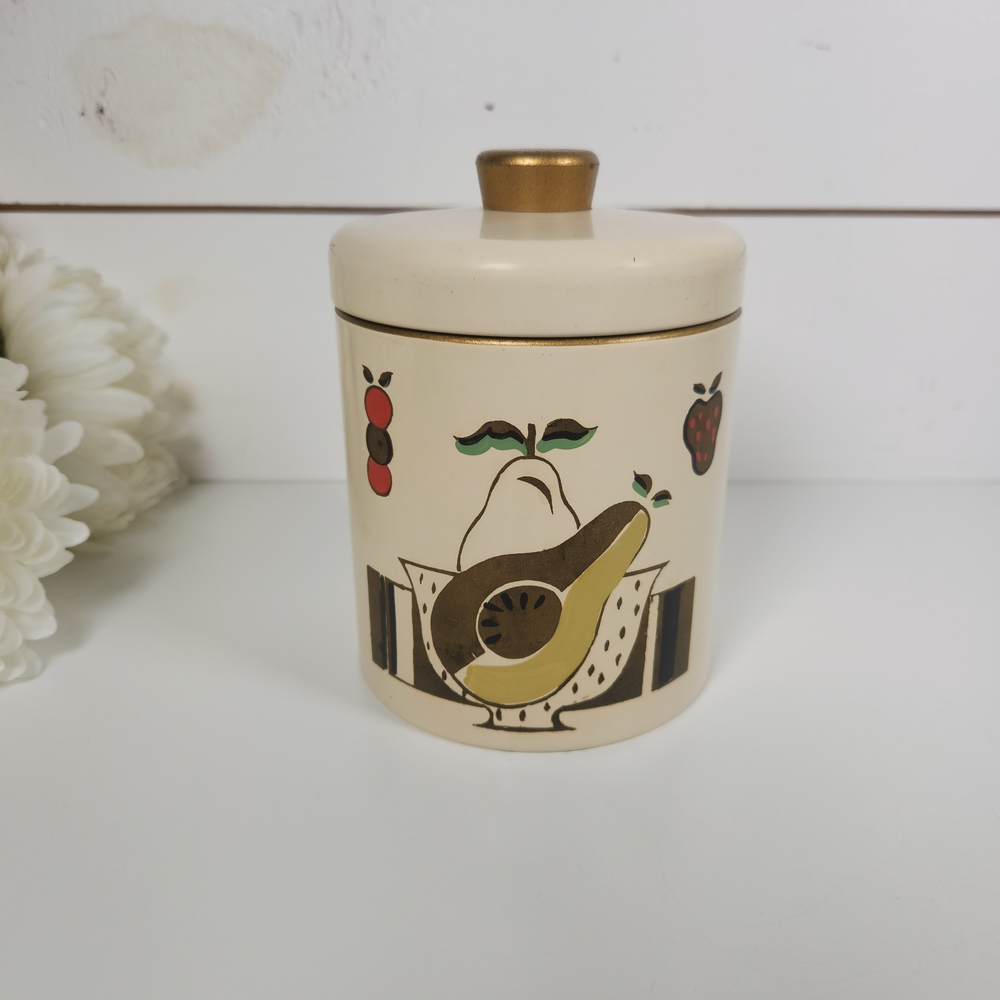 Vintage 50s Ransburg Metal Canister Fruit Motif , Pear- 5.5" Food Container